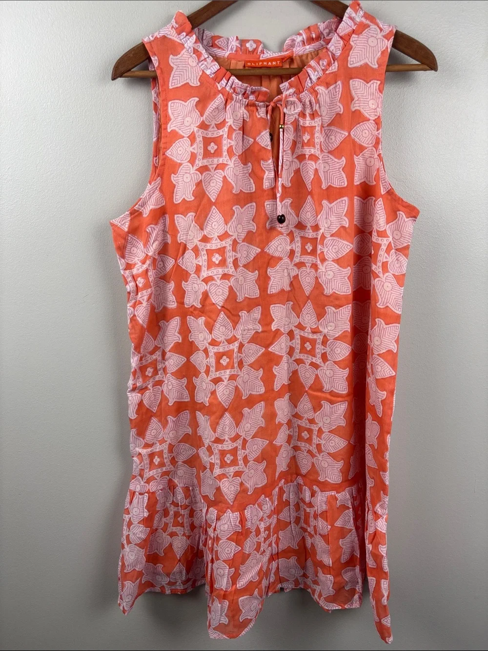 Oliphant Coral and White Printed Midi Dress sleeveless Large ruffled lined